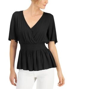Studio by JPR Smocked Surplice Peplum V-Neck Top. Black Size S #1418
